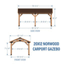 [12X20FT] Alora Premium All Cedar Wooden Carport Pavilion Gazebo With Sloped Hardtop Steel Roof (SAK14279) - Saksby Wholesale - Dimensions View