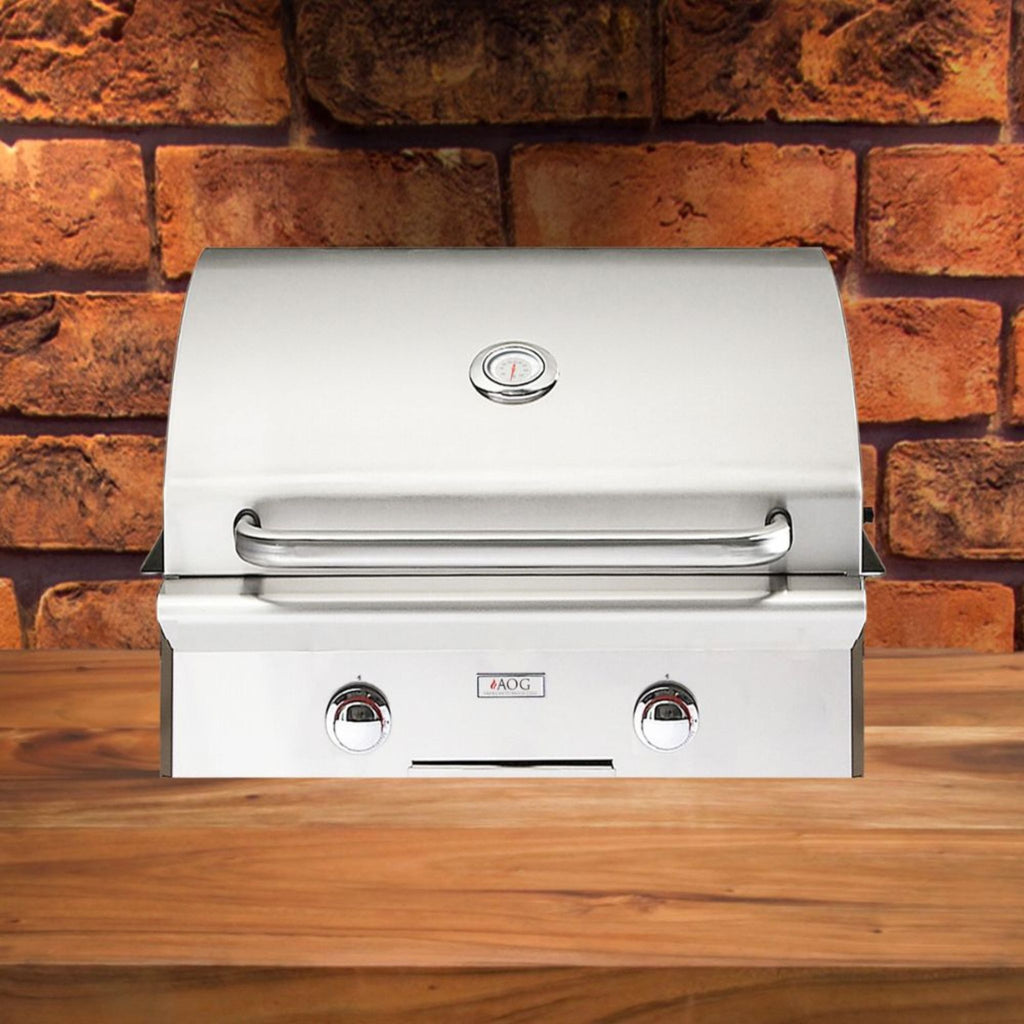 American Outdoor Grill 24NBL-00SP L-Series 2-Burner Built-In Natural Gas Grill, 24" [24NBL-00SP] (SAK10834) - Saksby Wholesale - Front View on Bricked Wall Background