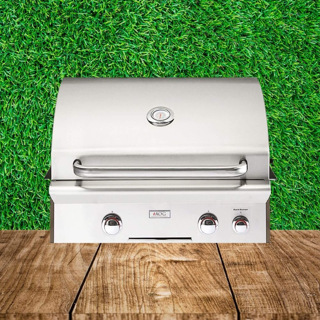 American Outdoor Grill 24NBL L-Series 2-Burner Built-In Natural Gas Grill W/ Rotisserie Kit, 24" [24NBL] (SAK81425) - Saksby Wholesale - Front View on Wood