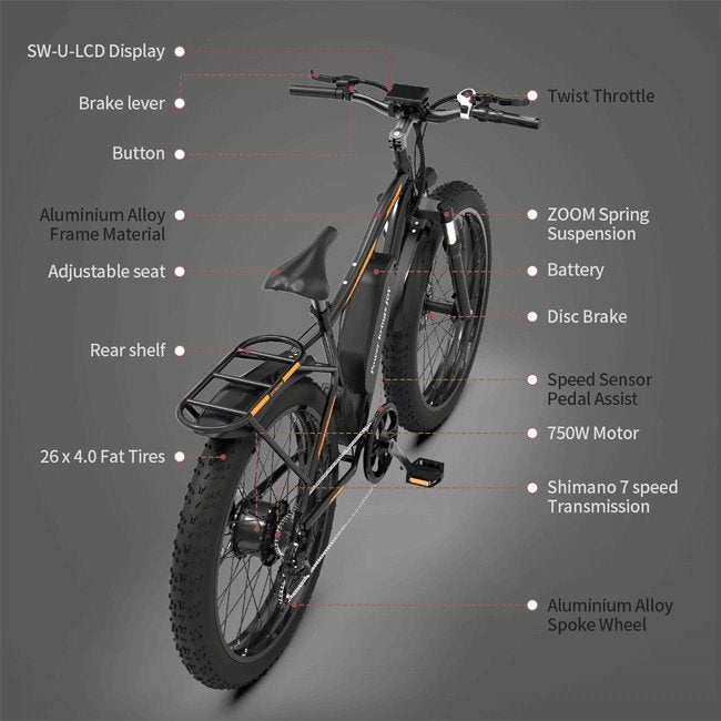 AOSTIRMOTOR S07-B 48V13Ah 750W Fat Tire Electric Mountain Bike, 26'' - SAKSBY.com - Electric Bicycles - SAKSBY.com