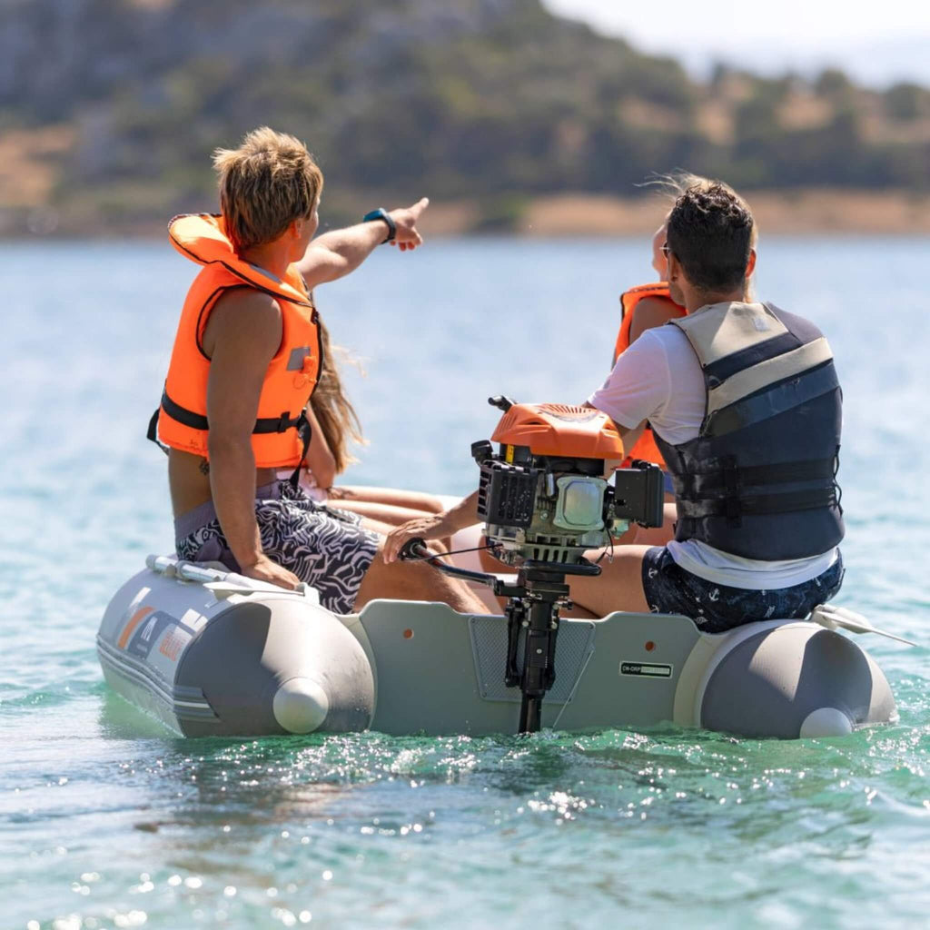 Aqua Marina A-Deluxe 8FT 4-Person Inflatable Speed Boat With Comfortable Rowing Seat And Adjustable Center Feet [BT-88850AL] (SAK20456) - Saksby Wholesale - Lifestyle Image Showing Motor