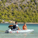 Aqua Marina Aircat 11FT 5-Person High-Speed Inflatable Catamaran With DWF Air Deck [BT-AC335] (SAK10650) - Saksby Wholesale - Man And Girl Onboard Lifestyle View