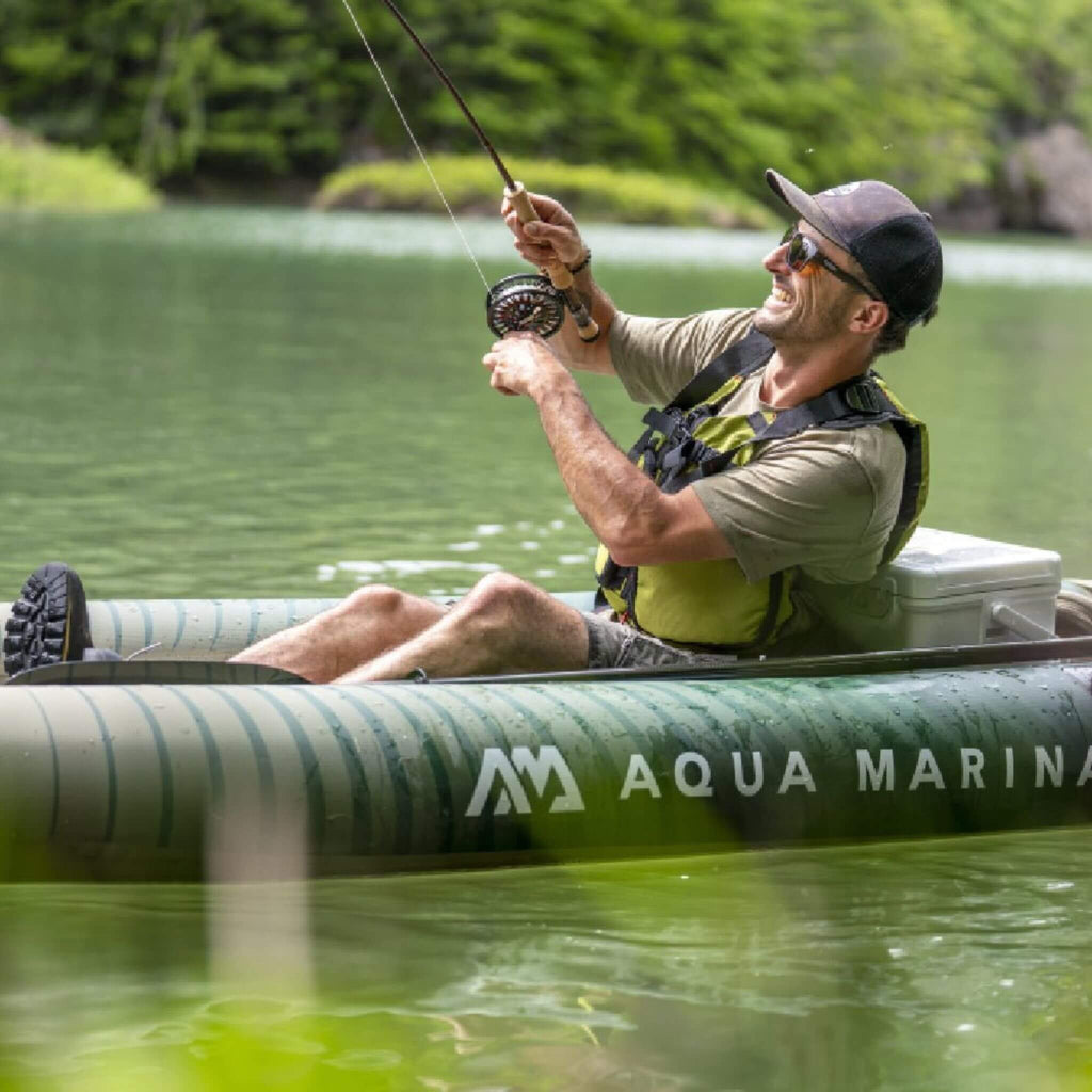 Aqua Marina Caliber 13FT Angling Kayak With Foldable Fishing Seat [Paddle Excluded] [CA-398] (SAK23467) - Saksby Wholesale - Man Sitting While Fishing