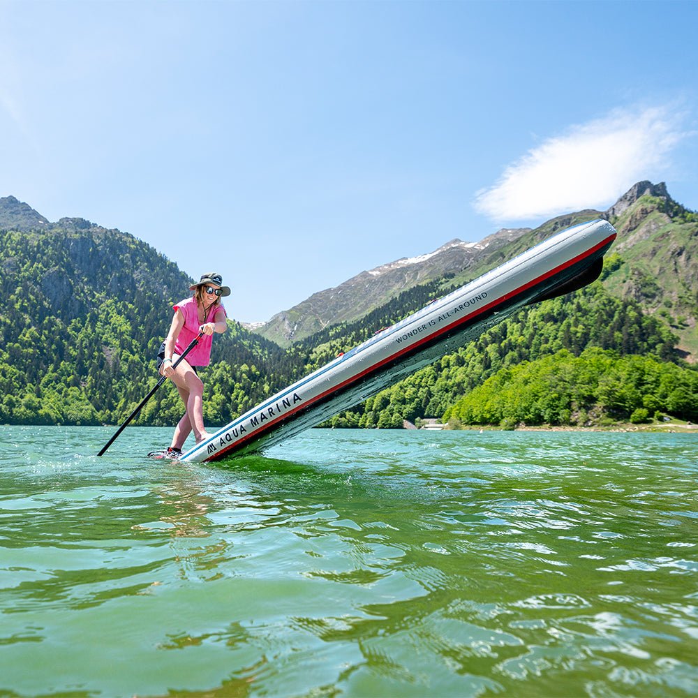 Aqua Marina Hyper 12FT Navy Touring SUP With Hydrodynamic Rail Edges & Adjustable Bungee [BT-23HY02] (SAK23285) - Saksby Wholesale - Lifestyle On Water With Woman