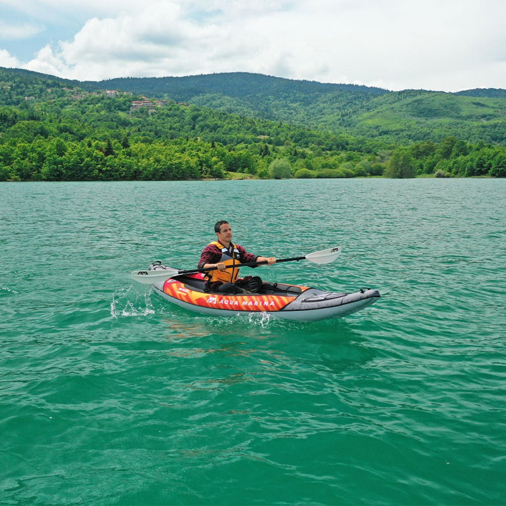 Aqua Marina Memba 330 10FT 1-Person Ultra Stiff Touring Kayak With Double Wall Fabric Floor [ME-330] (SAK56789) - Saksby Wholesale - Lifestyle Image With 1-Person Kayaking