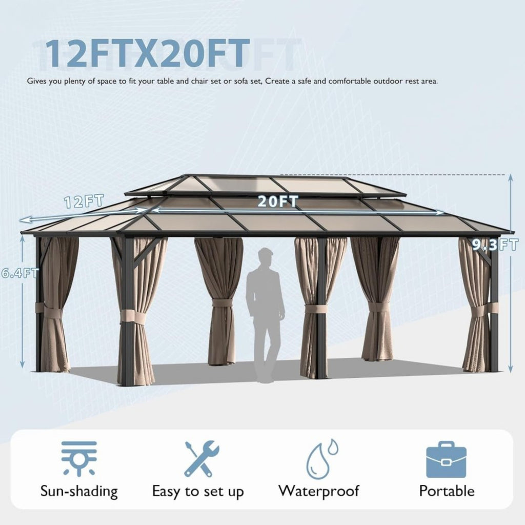 AXN Premium Aluminum Outdoor Polycarbonate Hardtop Gazebo With UV Protection, Netting & Curtains, 12x20FT (96815273) - SAKSBY.com - Canopies & Gazebos - SAKSBY.com