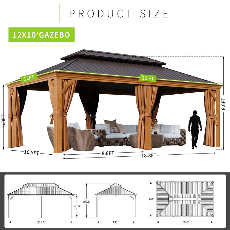 AXN Premium Large Aluminum Hardtop Gazebo W/ Netting, Privacy Curtains And Wood Grain Finish, 12x20FT (93158374) - SAKSBY.com - Canopies & Gazebos - SAKSBY.com