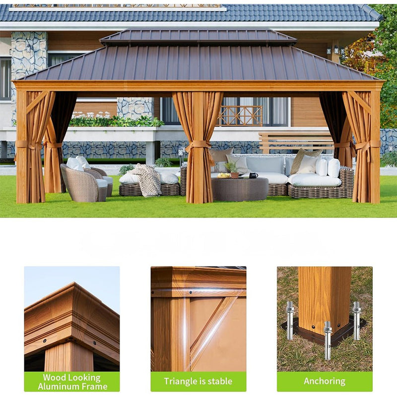 AXN Premium Large Aluminum Hardtop Gazebo W/ Netting, Privacy Curtains And Wood Grain Finish, 12x20FT (93158374) - SAKSBY.com - Canopies & Gazebos - SAKSBY.com