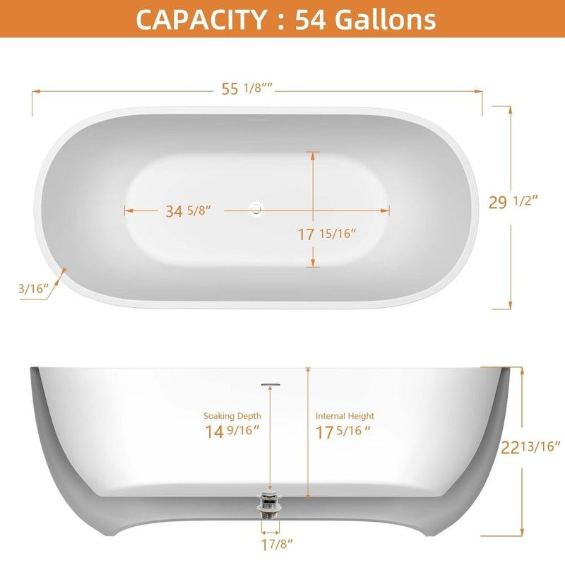 Classic 55 Inch Oval Acrylic Freestanding Soaking Tub With Overflow and Anti-Clog, Black (93741520) - SAKSBY.com - Bathtubs - SAKSBY.com