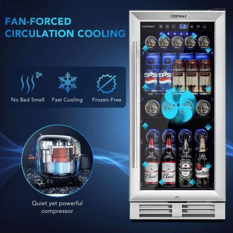 Costway 15'' Tall Built-In Freestanding Beverage Cooler Refrigerator, 100 Cans (SAK77654) - Saksby Wholesale - Fan Cooling Features