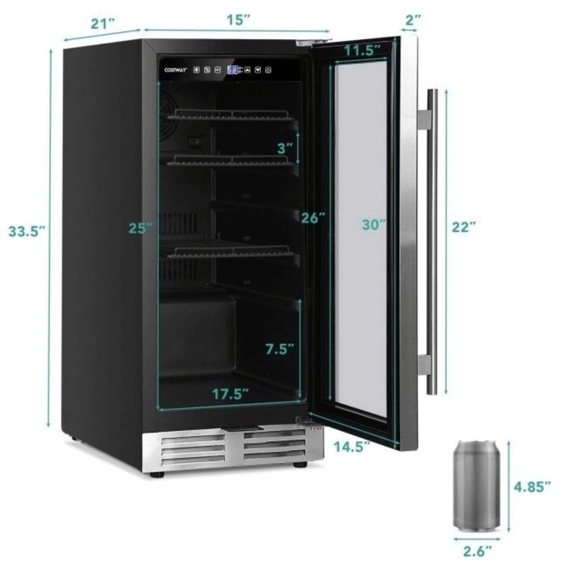 Costway 15'' Tall Built-In Freestanding Beverage Cooler Refrigerator, 100 Cans (SAK77654) - Saksby Wholesale - Product Dimensions