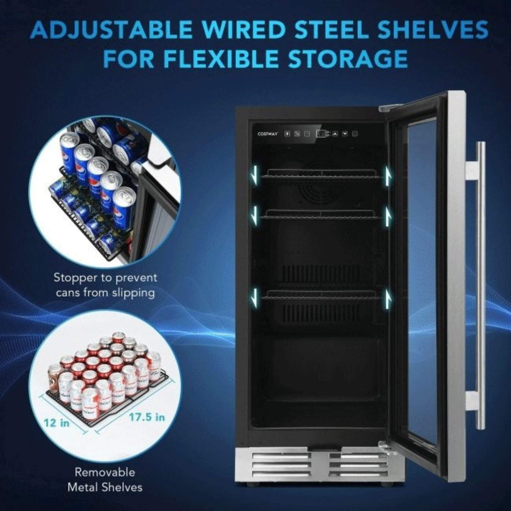 Costway 15" Tall Built-In Freestanding Beverage Cooler Refrigerator, 100 Cans (SAK77654) - Saksby Wholesale - Steel Storage