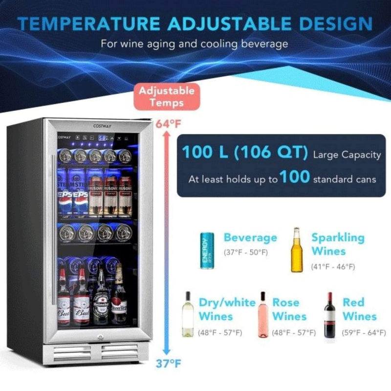 Costway 15'' Tall Built-In Freestanding Beverage Cooler Refrigerator, 100 Cans (SAK77654) - Saksby Wholesale - Temperature Details