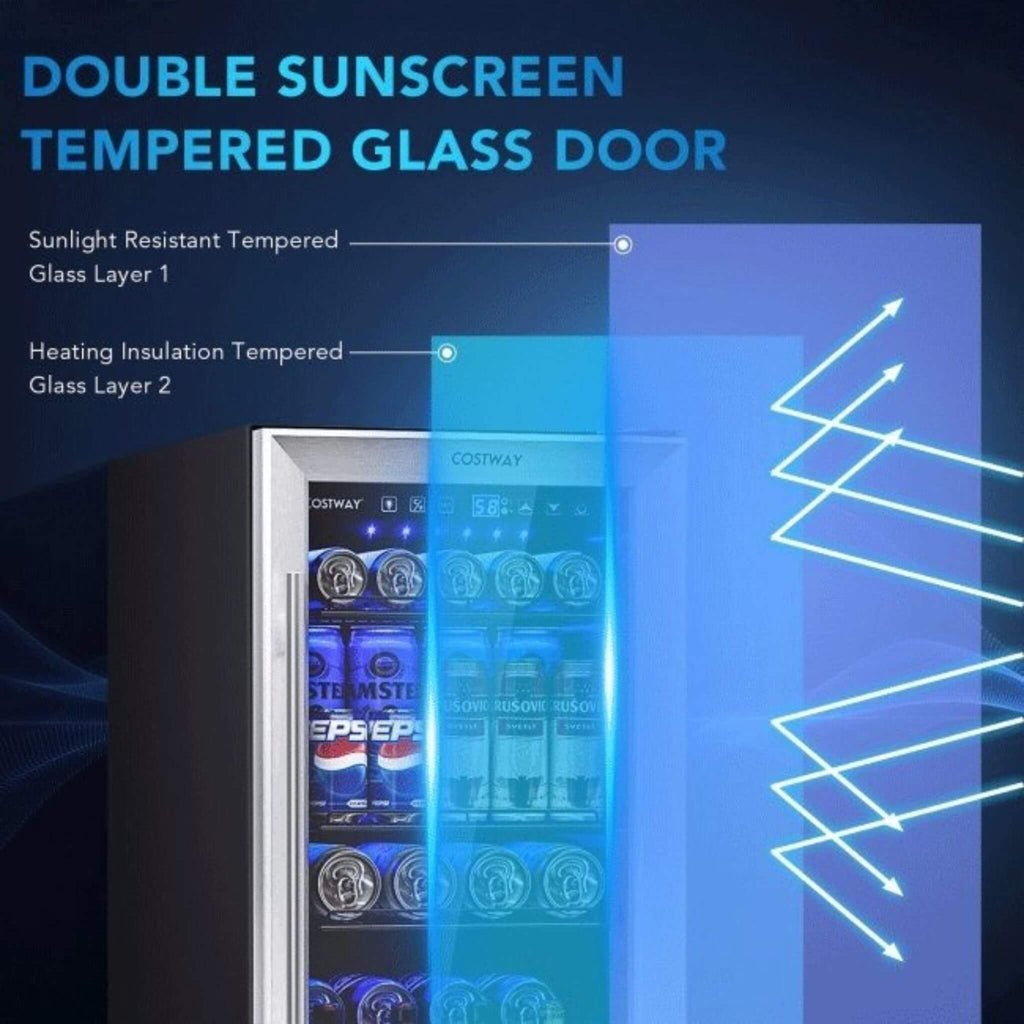 Costway 15" Tall Built-In Freestanding Beverage Cooler Refrigerator, 100 Cans (SAK77654) - Saksby Wholesale - Tempered Glass Features