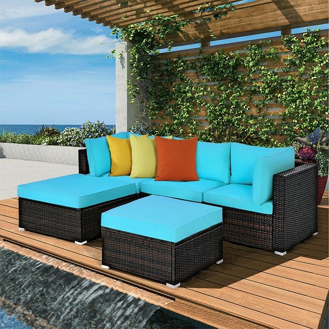 COSTWAY Outdoor Patio Rattan Turquoise Furniture Sectional Conversation Sofa Set, 5PCS - SAKSBY.com Demonstration View