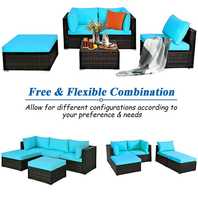COSTWAY Outdoor Patio Rattan Turquoise Furniture Sectional Conversation Sofa Set, 5PCS - SAKSBY.com - Comparison View