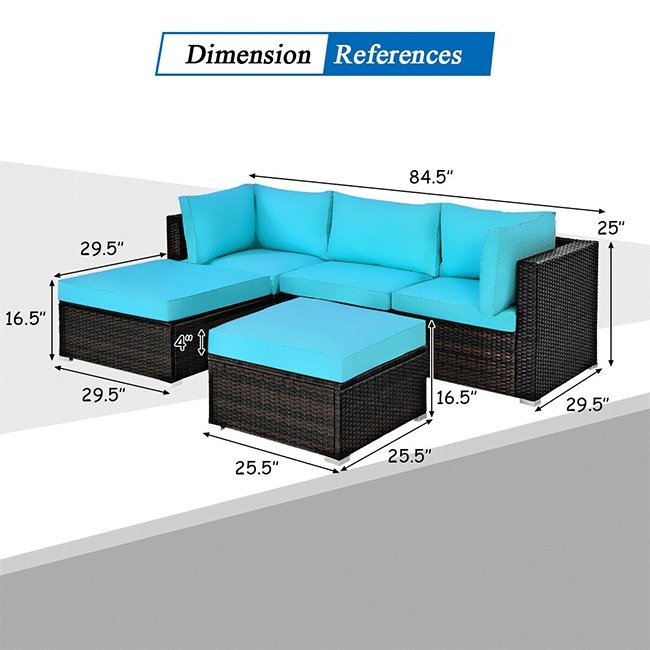COSTWAY Outdoor Patio Rattan Turquoise Furniture Sectional Conversation Sofa Set, 5PCS - SAKSBY.com - Measurement View