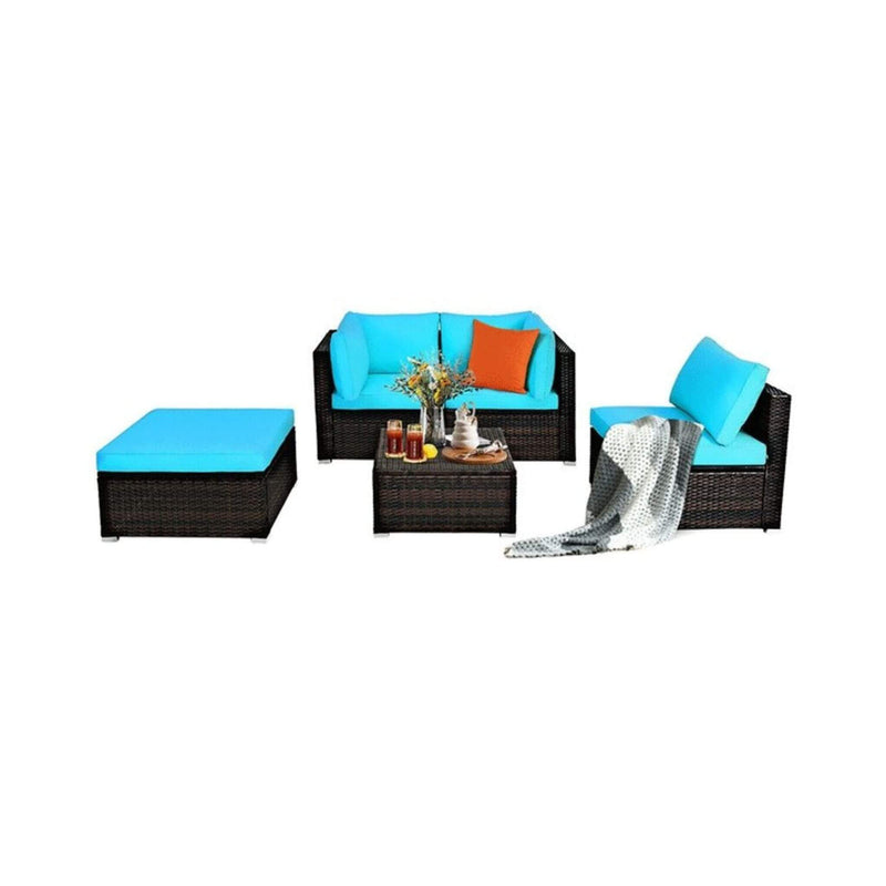 Costway Outdoor Patio Rattan Turquoise Furniture Sectional Conversation Sofa Set, 5PCS (SAK56878) - Saksby Wholesale - Front View Complete Set