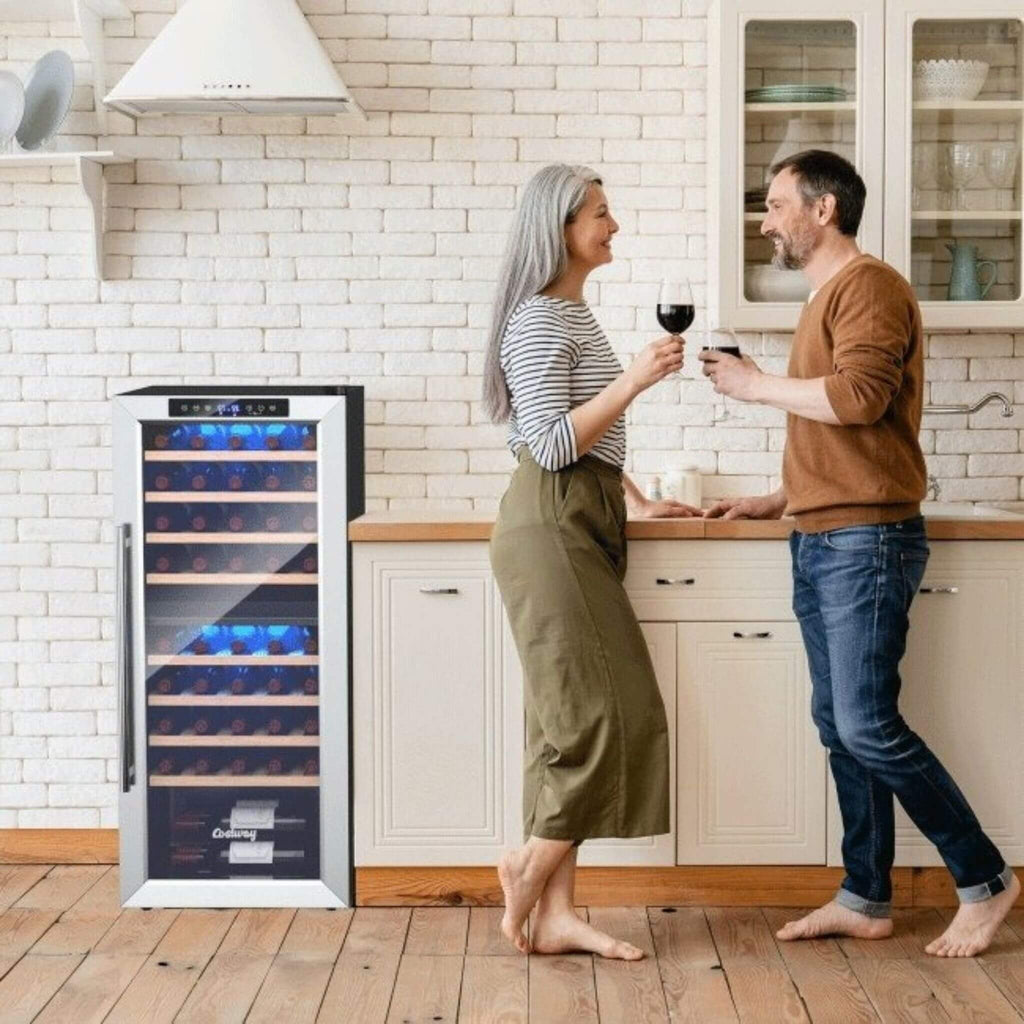 Costway Premium Freestanding Dual Zone Wine Cooler Fridge Cabinet, 43 BTLS (SAK88652) - Saksby Wholesale - Personal Use Lifestyle Image