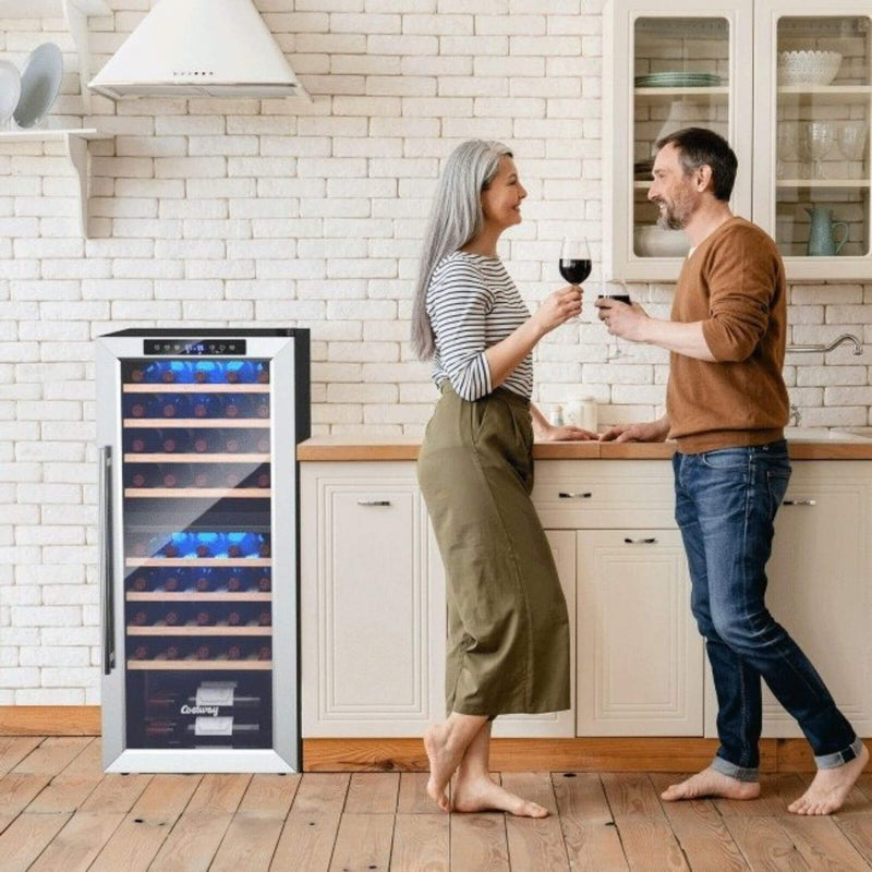 Costway Premium Freestanding Dual Zone Wine Cooler Fridge Cabinet, 43 BTLS (SAK88652) - Saksby Wholesale - Personal Use Lifestyle Image