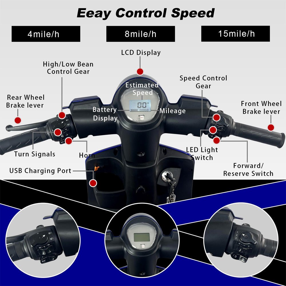 Deluxe 800W 60V/20AH 3-Wheel Electric Medical Handicap Motorized Mobility Power Scooter, 350LBS Zoom Parts View