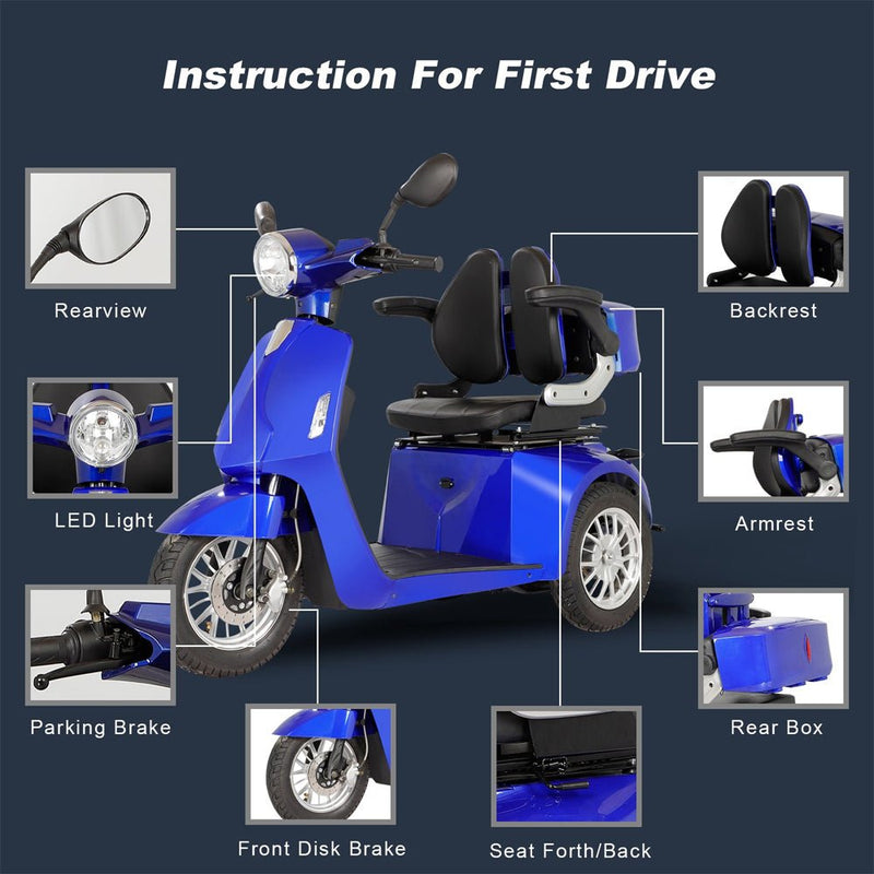 Deluxe 800W 60V/20AH 3-Wheel Electric Medical Handicap Motorized Mobility Power Scooter, 350LBS Zoom Parts View