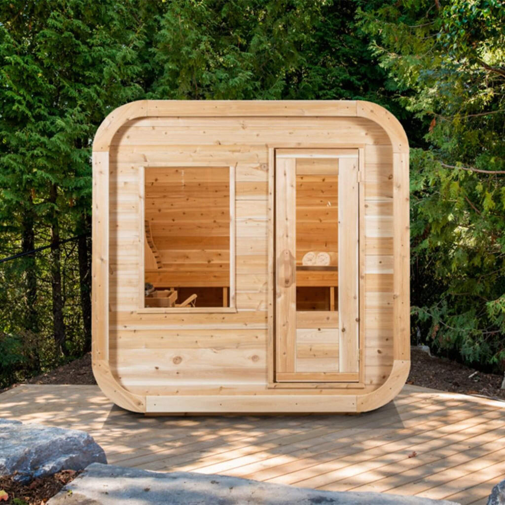 Dundalk Leisurecraft 4-Person Canadian Timber Luna Cube Sauna With Sloped Roof And Front Window [CTC22LU] (SAK96475) - Saksby Wholesale - Lifestyle Image