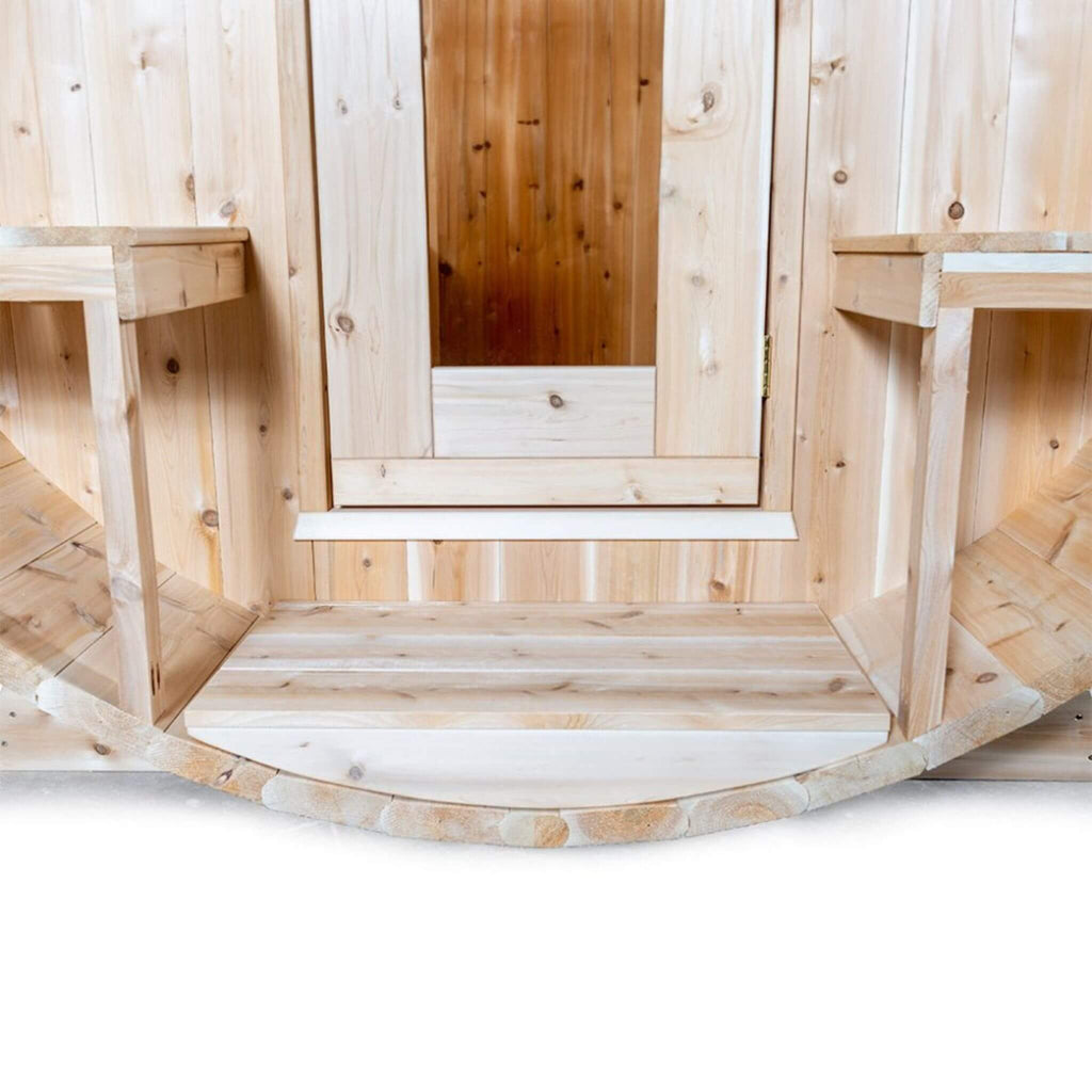 Dundalk Leisurecraft 4-Person Canadian Timber Serenity Barrel Sauna With Solid Wood Benches [CTC2245W] (SAK94862) - Saksby Wholesale - Front Door Step View