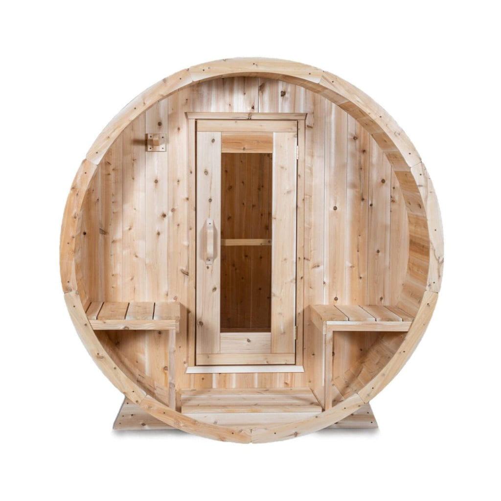 Dundalk Leisurecraft 4-Person Canadian Timber Serenity Barrel Sauna With Solid Wood Benches [CTC2245W] (SAK94862) - Saksby Wholesale - Front View