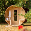 Dundalk Leisurecraft 4-Person Canadian Timber Serenity Barrel Sauna With Solid Wood Benches [CTC2245W] (SAK94862) - Saksby Wholesale - Lifestyle Image