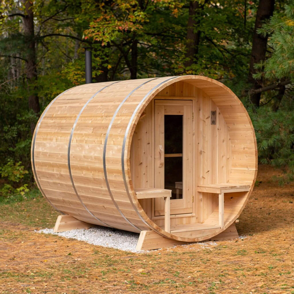 Dundalk Leisurecraft 4-Person Canadian Timber Serenity Barrel Sauna With Solid Wood Benches [CTC2245W] (SAK94862) - Saksby Wholesale - Outdoor Setup