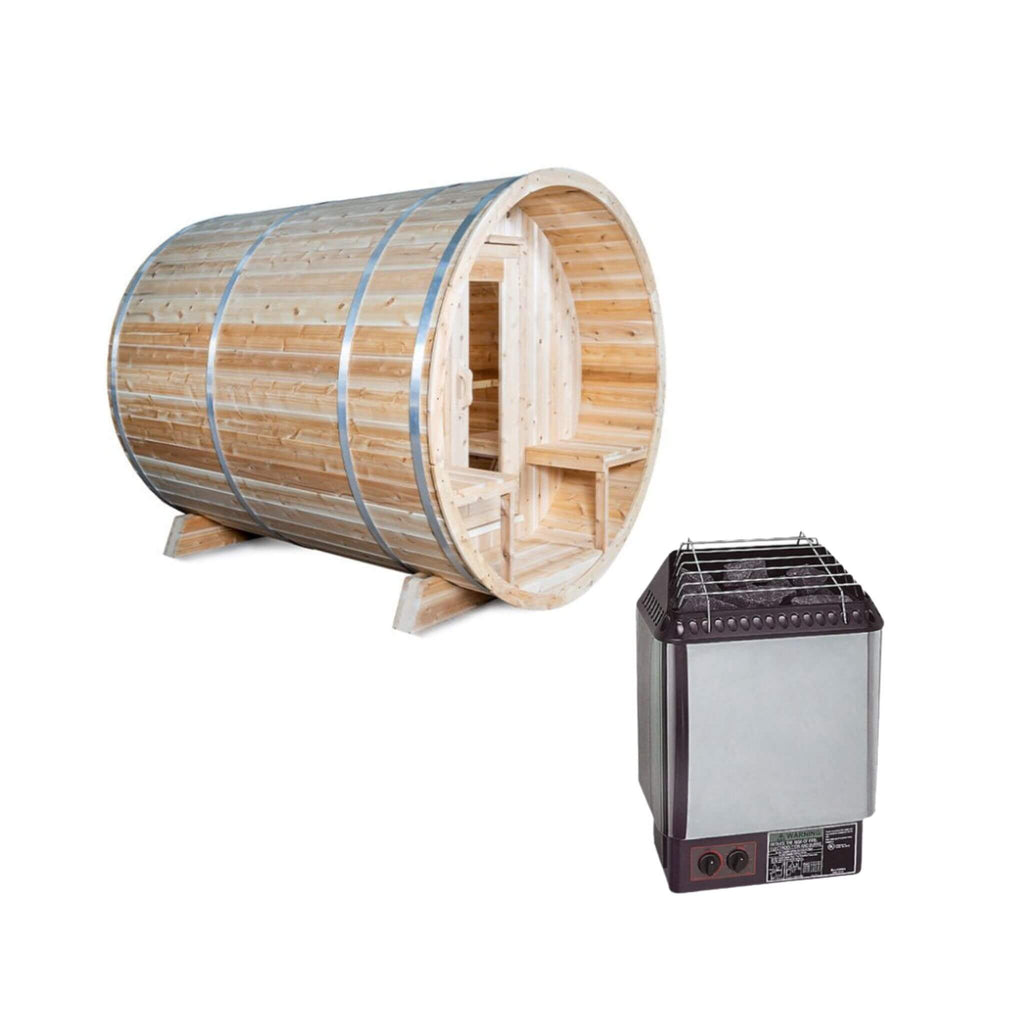 Dundalk Leisurecraft 4-Person Canadian Timber Serenity Barrel Sauna With Solid Wood Benches [CTC2245W] (SAK94862) - Saksby Wholesale - Sauna And Heater View