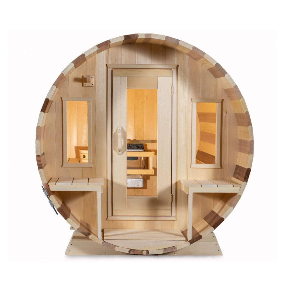 Dundalk Leisurecraft 6-Person Canadian Timber Tranquility Barrel Sauna With Front Porch [CTC2345] (SAK96814) - Saksby Wholesale - Front VIew