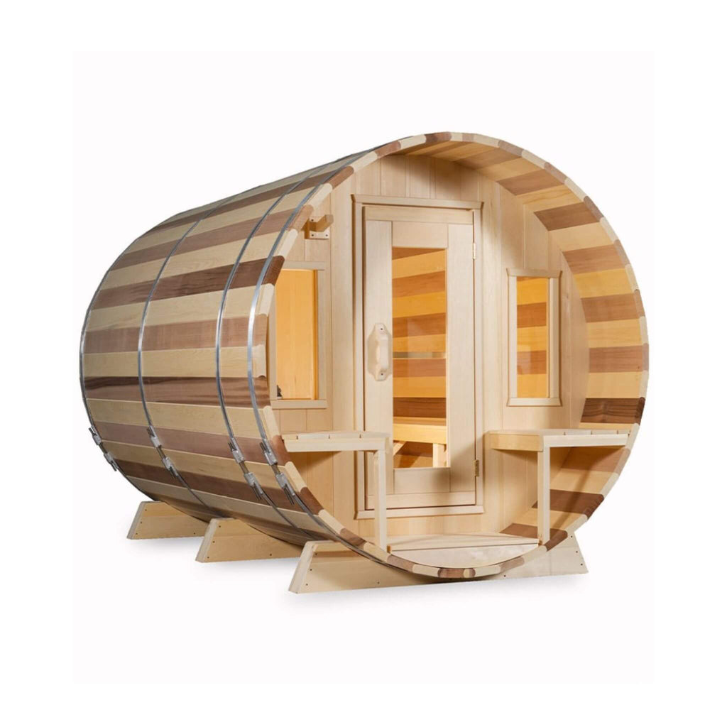 Dundalk Leisurecraft 6-Person Canadian Timber Tranquility Barrel Sauna With Front Porch [CTC2345] (SAK96814) - Saksby Wholesale - Side View