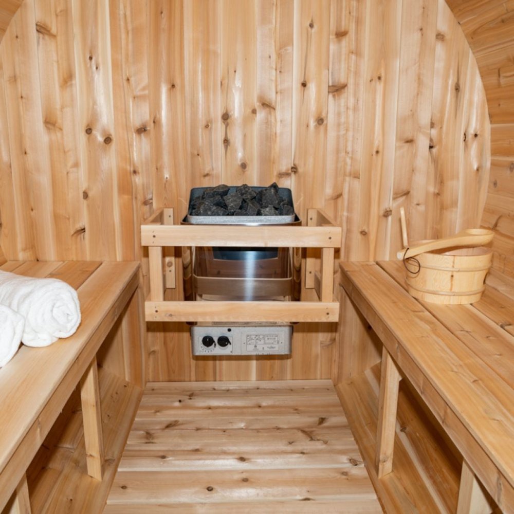 DUNDALK LEISURECRAFT 84" 4-Person Canadian Timber Harmony With Solid Wood Benches, CTC22W (96842531) - SAKSBY.com - Barrel Saunas - SAKSBY.com