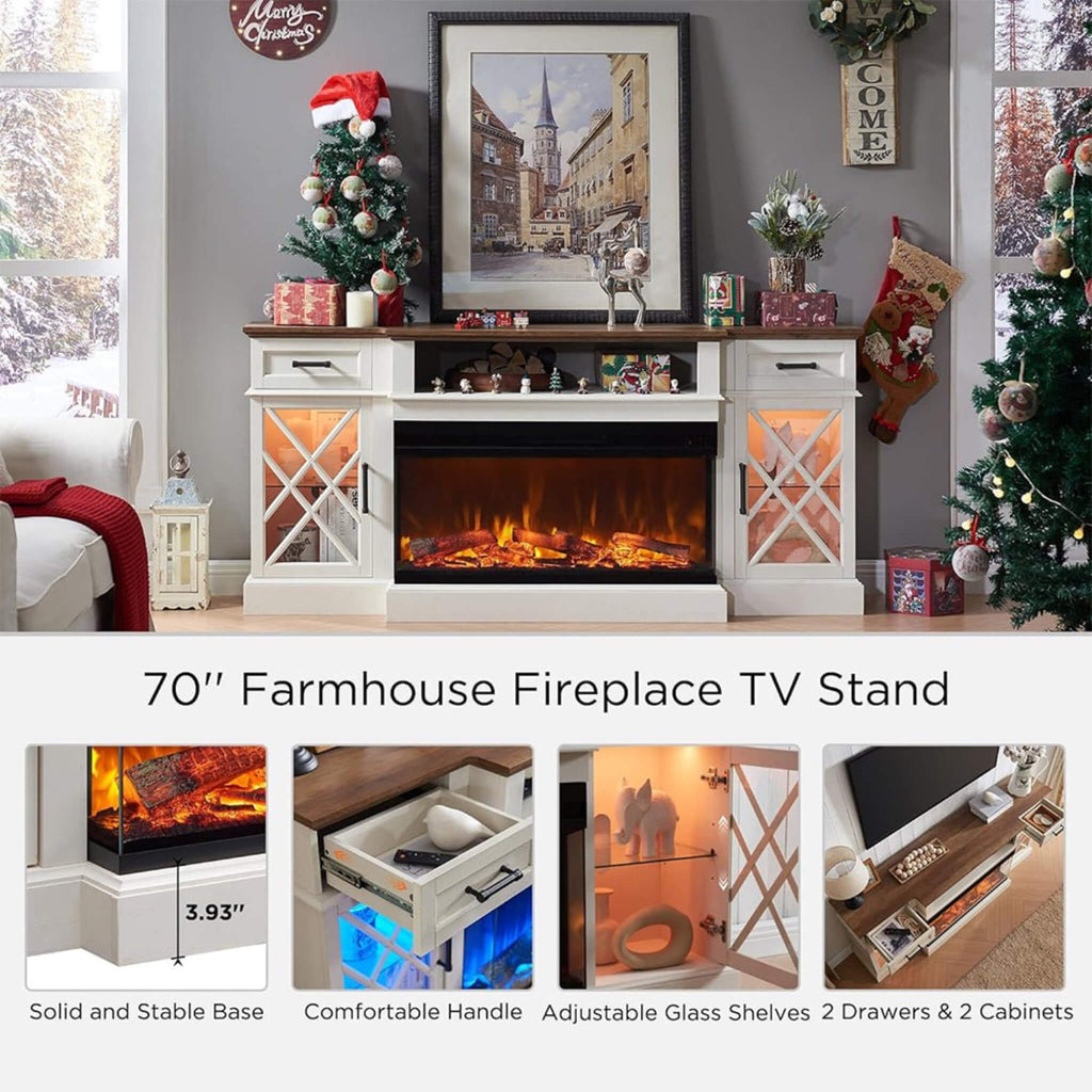 Electric 70-Inch Fireplace TV Stand With Glass Door Storage Cabinet (SAK58627) - Saksby Wholesale - Features View