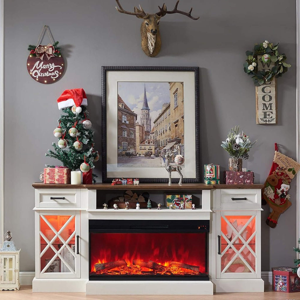 Electric 70-Inch Fireplace TV Stand With Glass Door Storage Cabinet (SAK58627) - Saksby Wholesale - Front View