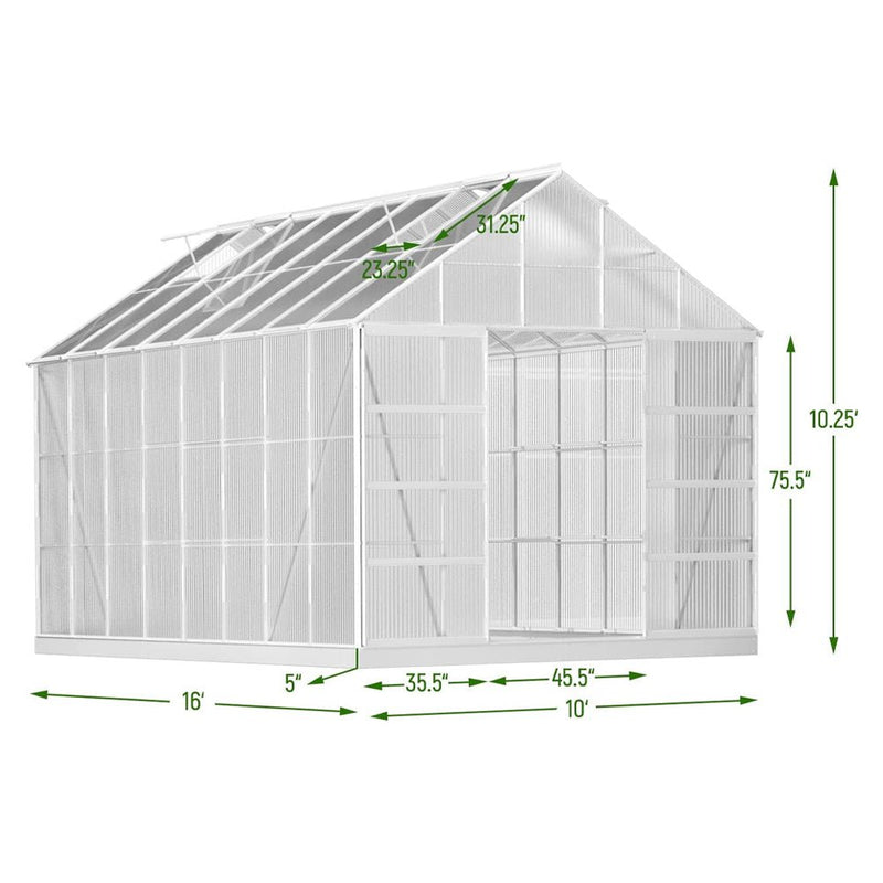 Extra Large Heavy Duty Backyard Polycarbonate Aluminum Greenhouse With Sliding Doors And Vents, 16x10x10FTMeasurement View