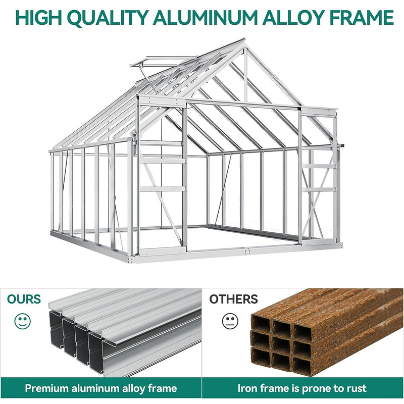 Extra Large Heavy Duty Polycarbonate Aluminum Greenhouse With Sliding Doors And Vents, 10x12x8FT (92574183) - SAKSBY.com - Greenhouses - SAKSBY.com