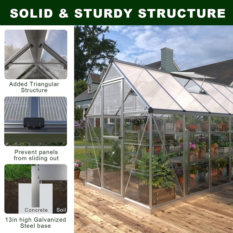 Extra Large Outdoor Polycarbonate Aluminum Walk-In Greenhouse With Lockable Hinged Door, 16x6x7FT Zoom Parts View