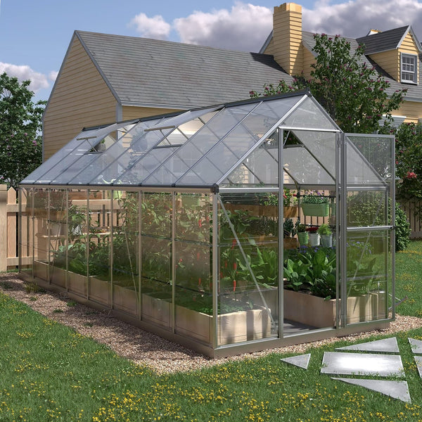 Extra Large Outdoor Polycarbonate Aluminum Walk-In Greenhouse With Lockable Hinged Door, 16x6x7FT