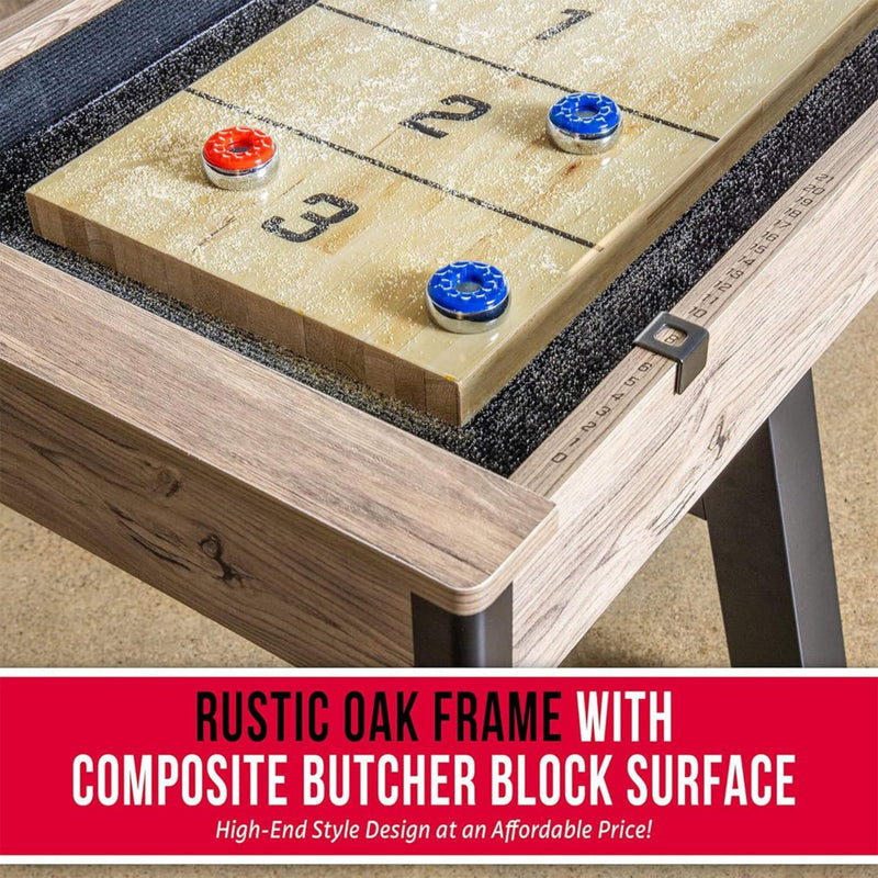 Gosports Premium Shuffleboard Table Set For Game Rooms With Pucks, Wax, And Brush, 9FT (SAK75134) - Saksby Wholesale - Rustic Oak Frame View
