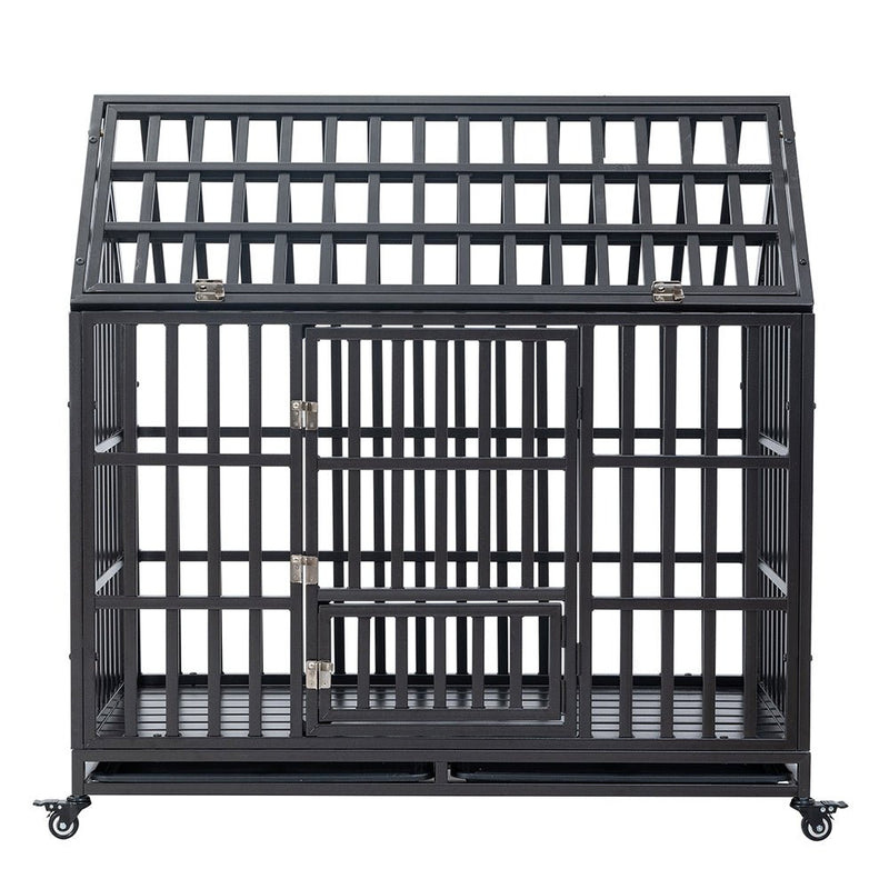 Heavy Duty Carbon Steel Dog Kennel Cage Crate W/ Sloped Roof And Wheels, 48" (96473812) - Front View