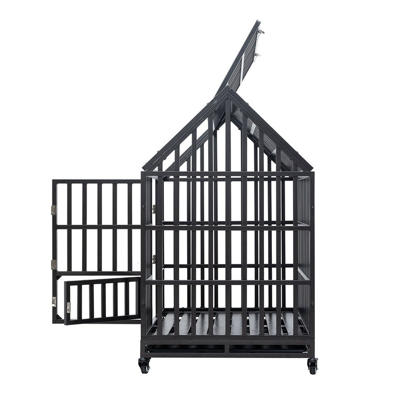 Heavy Duty Carbon Steel Dog Kennel Cage Crate W/ Sloped Roof And Wheels, 48" (96473812) - Side View
