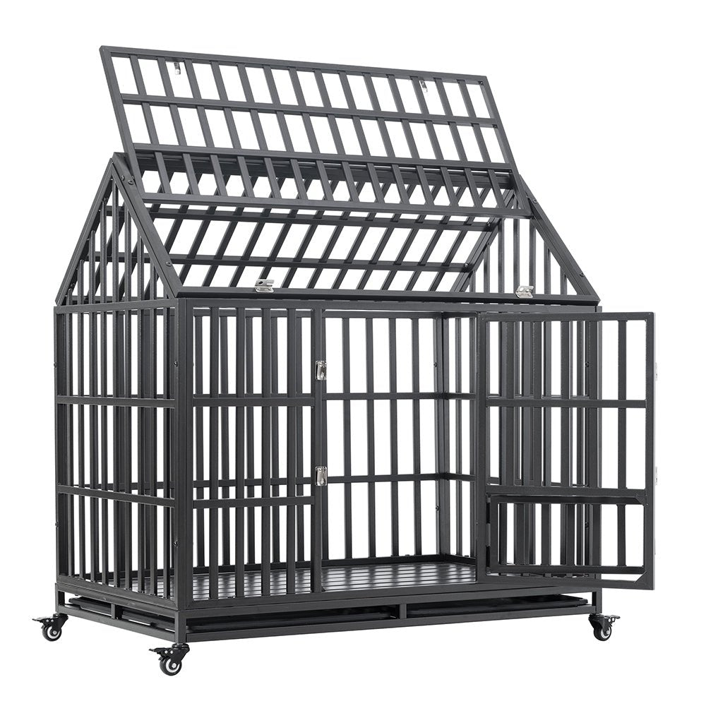 Heavy Duty Carbon Steel Dog Kennel Cage Crate W/ Sloped Roof And Wheels, 48" (96473812) - Full View