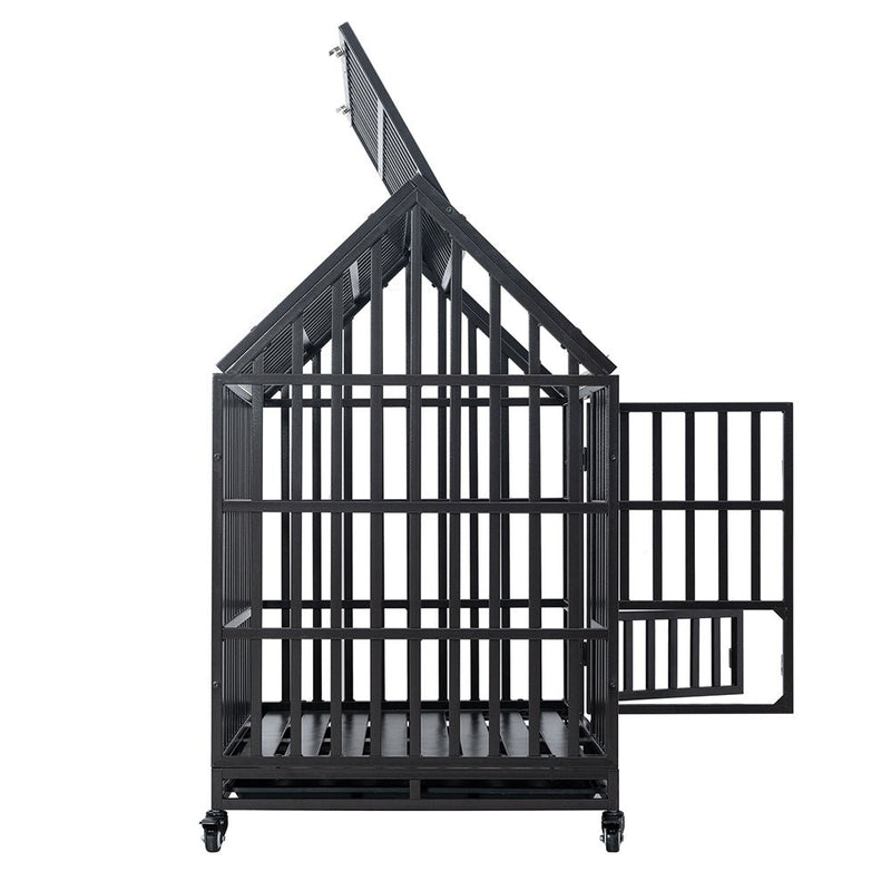 Heavy Duty Carbon Steel Dog Kennel Cage Crate W/ Sloped Roof And Wheels, 48" (96473812) - Side View