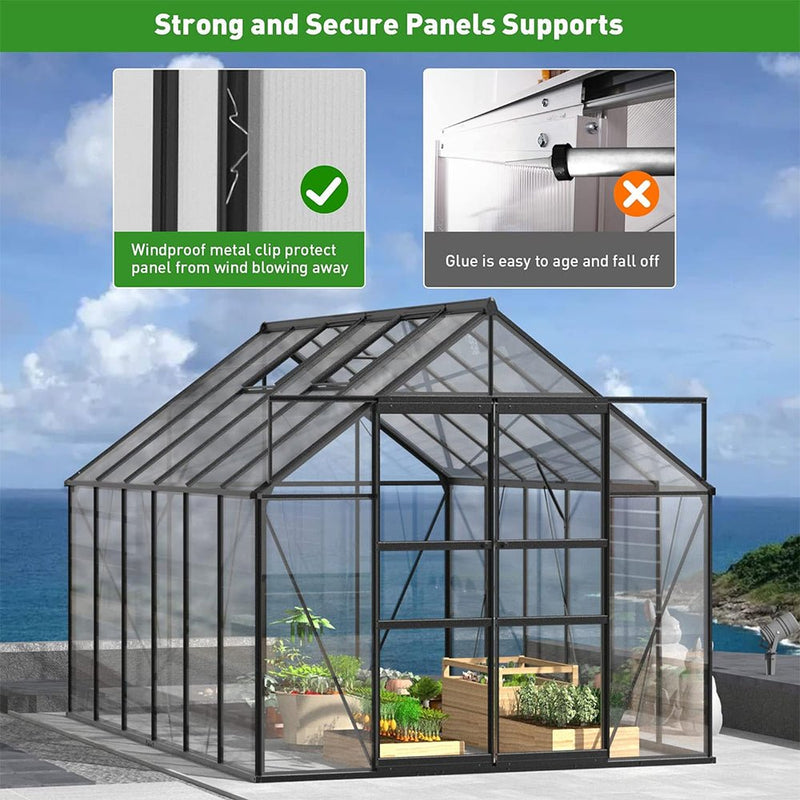 Heavy Duty Large Premium Aluminum Outdoor Polycarbonate Walk-In Greenhouse W/ Sliding Doors, 12x8x8FT Side View