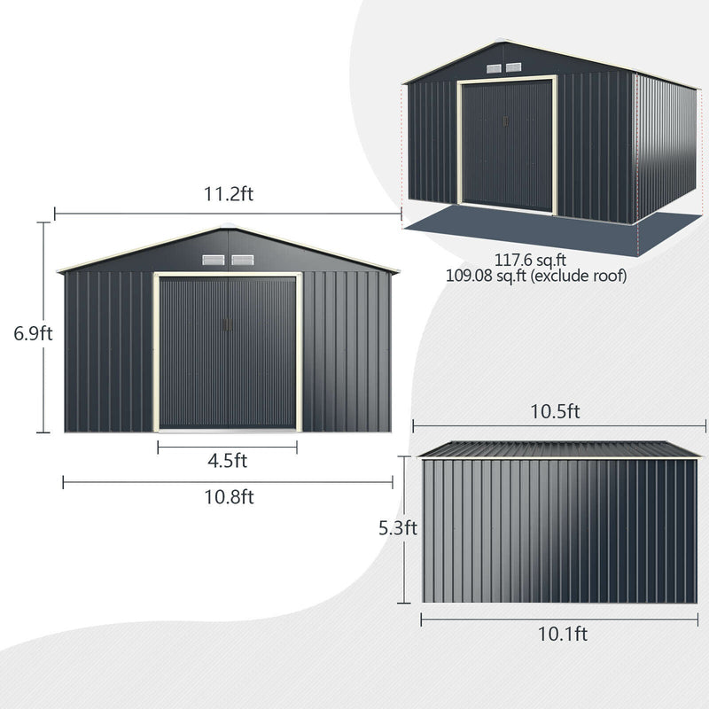 Heavy Duty Outdoor Metal Garden Tool Shed With Lockable Sliding Doors, 11' x 10' (95081295) - Measurement View