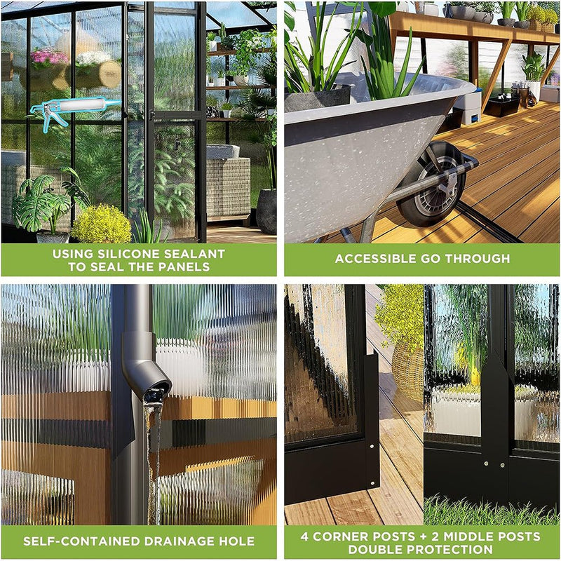 Heavy Duty Outdoor Walk-In Polycarbonate Patio Greenhouse With Double Swing Doors, 8x16x7.5FT Zoom Parts View