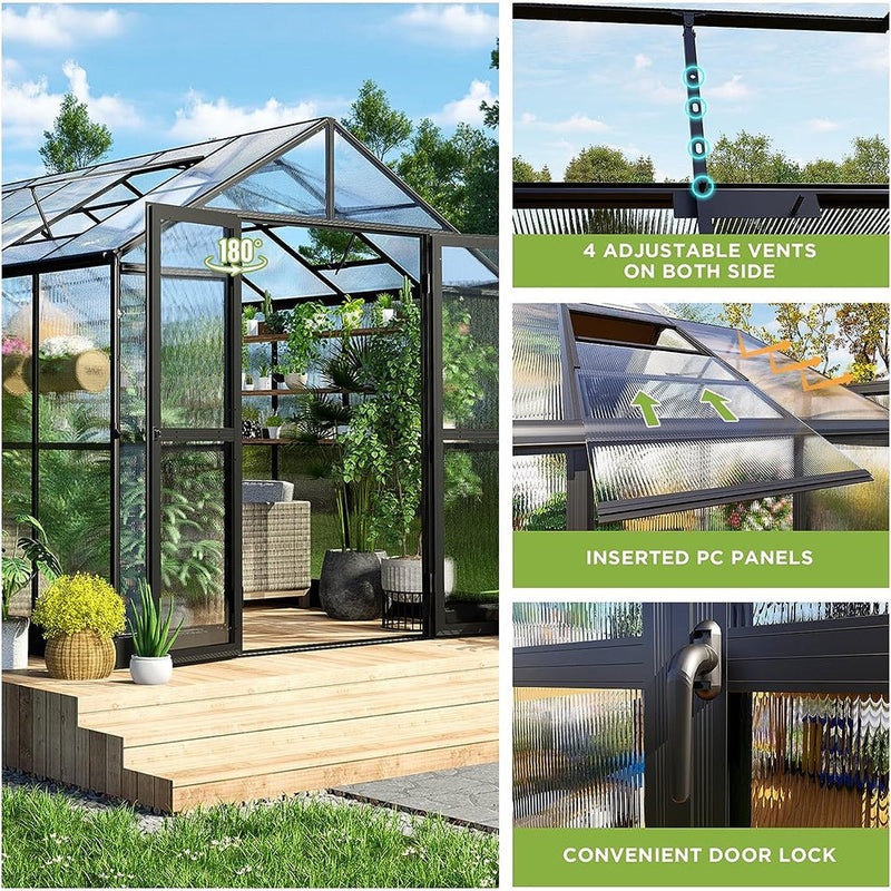 Heavy Duty Outdoor Walk-In Polycarbonate Patio Greenhouse With Double Swing Doors, 8x16x7.5FT Comparison View